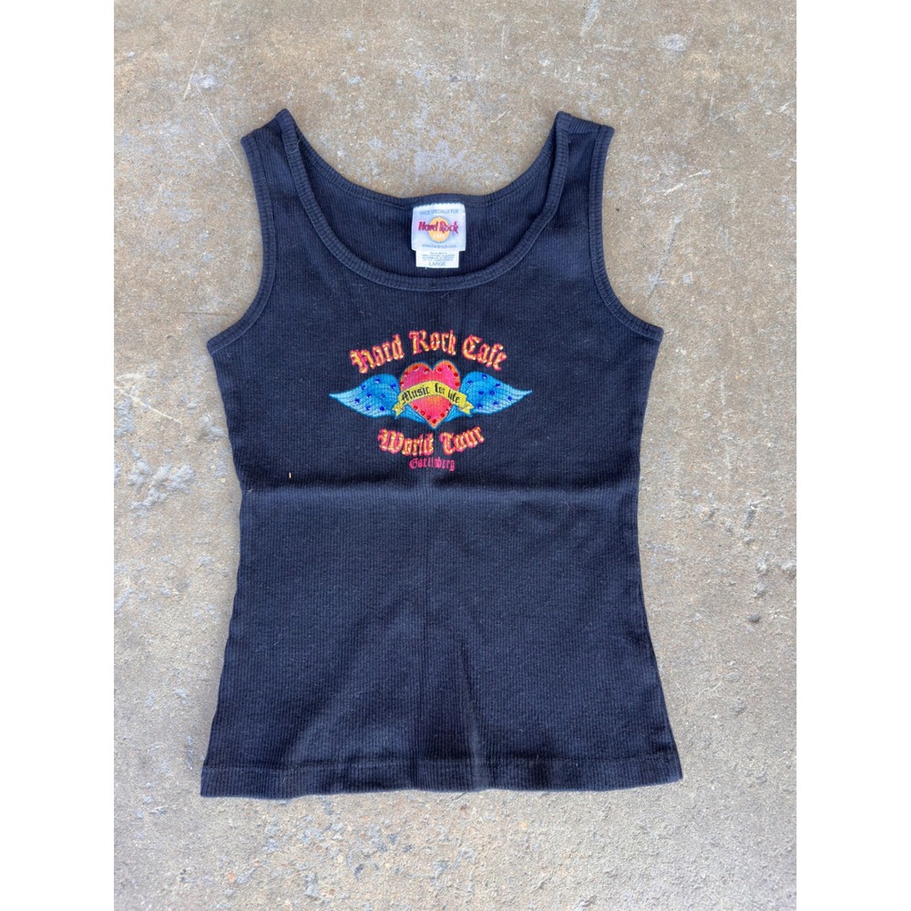 Y2K Hard Rock Cafe Gatlinburg World Tour Ribbed Tank Top Black Rhinestone Womens